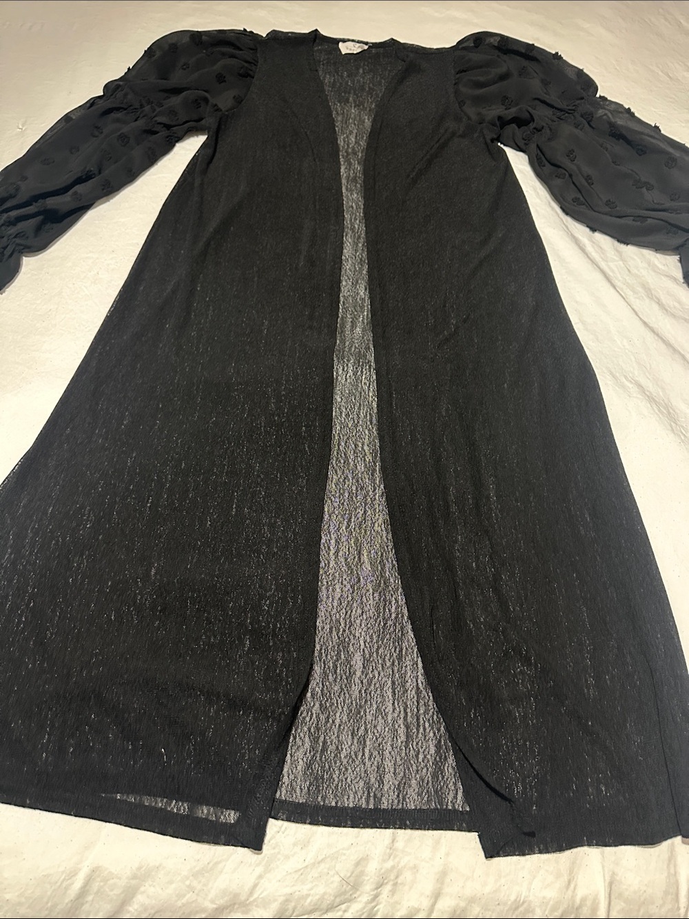 Ember Black Sheer Puff-Sleeve Long Cardigan